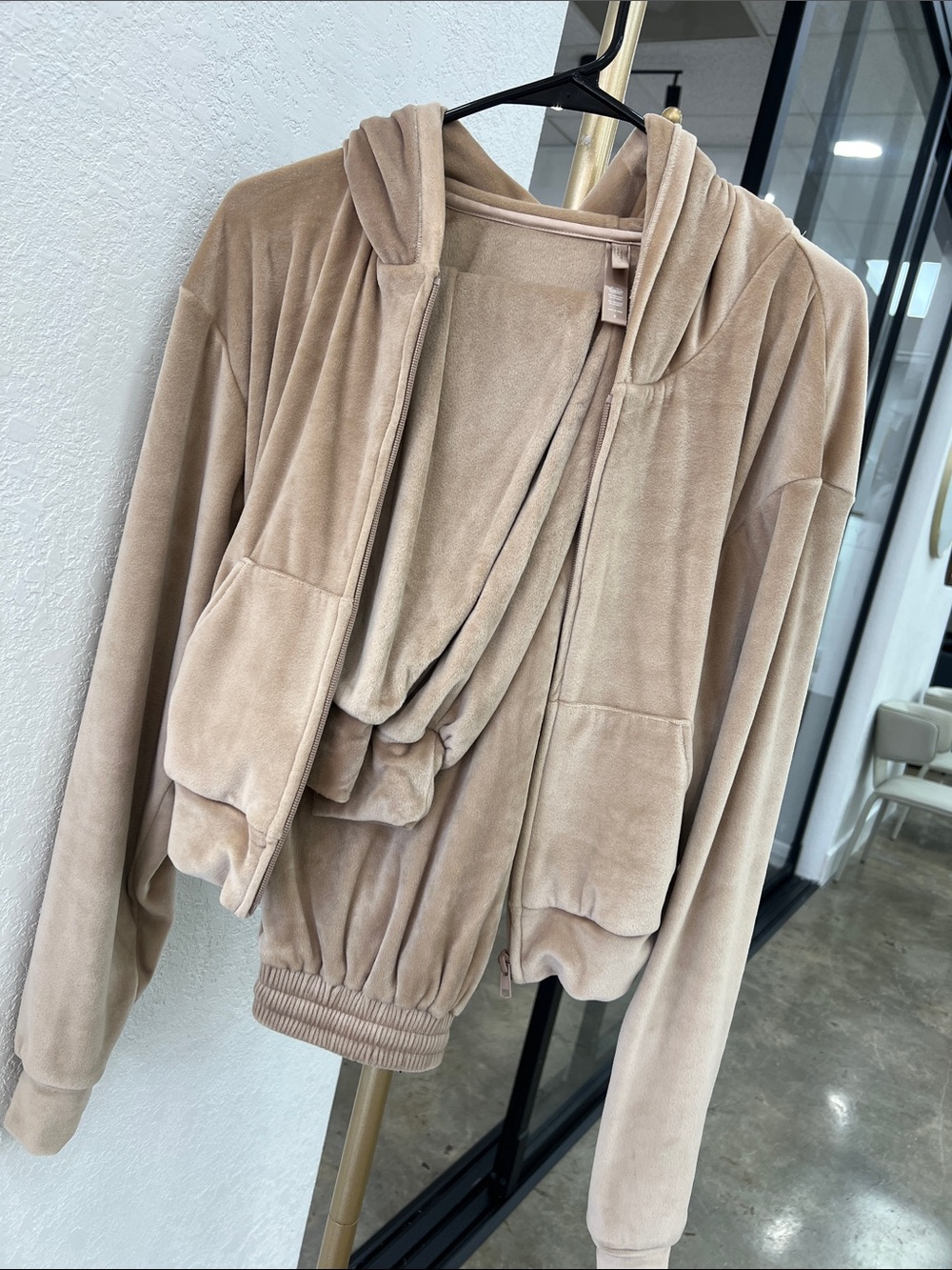 Skims velvet Plush set in Taupe jacket size S bottoms size XS